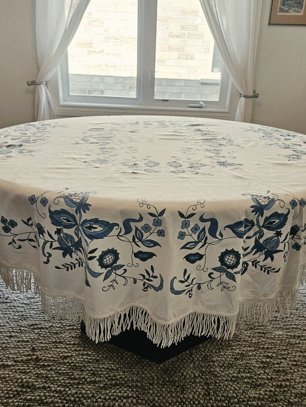 Blue Floral Fringe Tablecloth - Unbranded